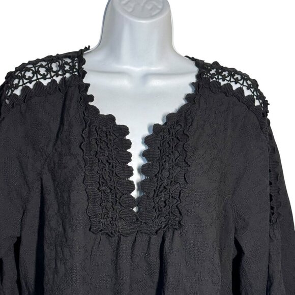 XCVI black tunic top size XL crochet v-neck 3/4 sleeves loose fit cotton - Picture 2 of 8